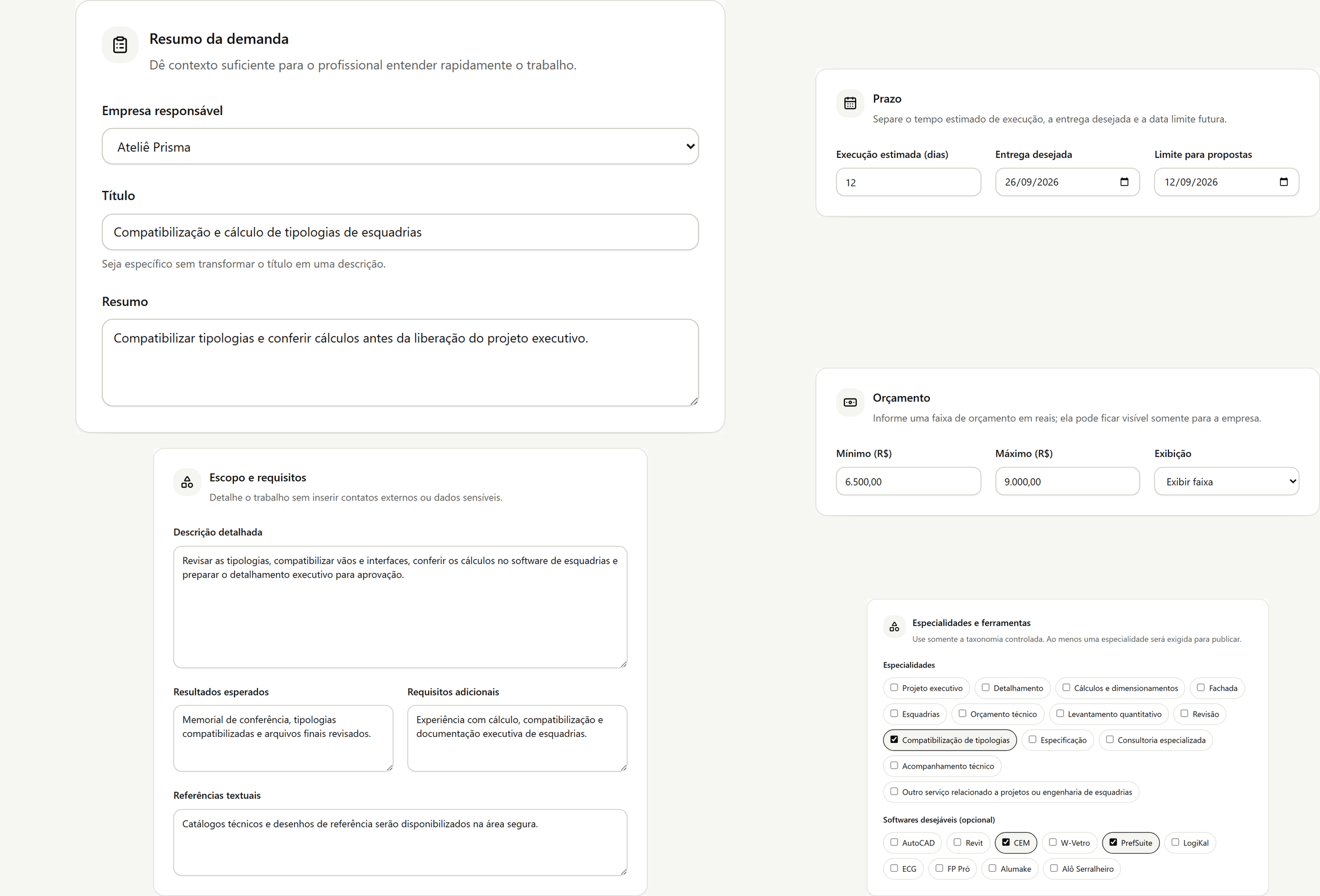 Formulário real da FreelaEsquadrias preenchido com briefing, escopo, prazo, orçamento, requisitos e softwares para publicar uma demanda.